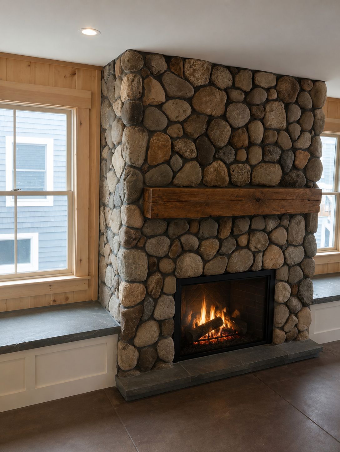 River stone fireplace with reclaimed wood mantel