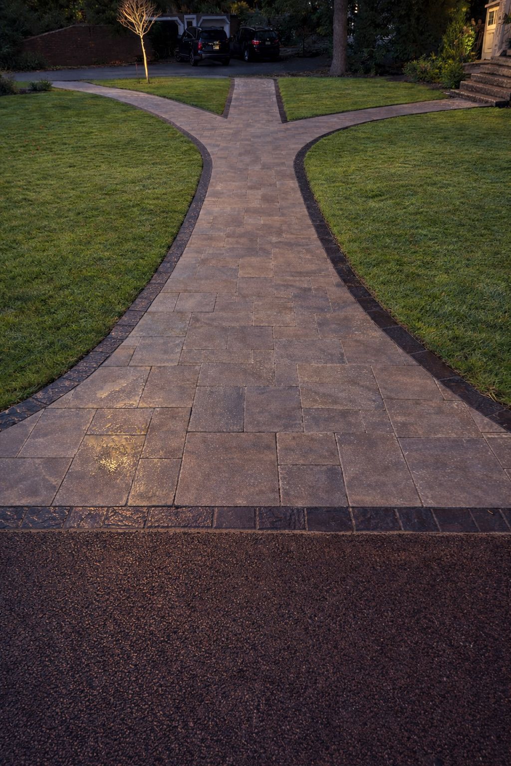 Curved paver walkway by M & J Masonry